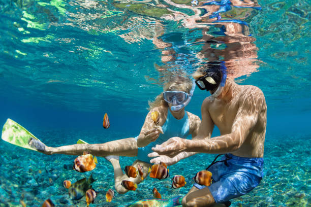 Happy family vacation. Young couple in snorkeling mask hold hand, dive underwater with fishes in coral reef sea pool. Travel lifestyle, watersport adventure, swim activity on summer beach holiday